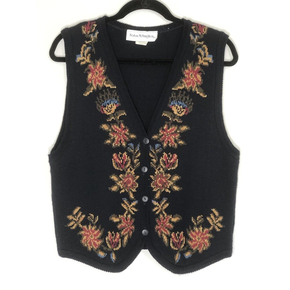 Vtg Norton Mcnaughton Sweater Vest Navy Floral Button 80s 90s Granny Cottage M
